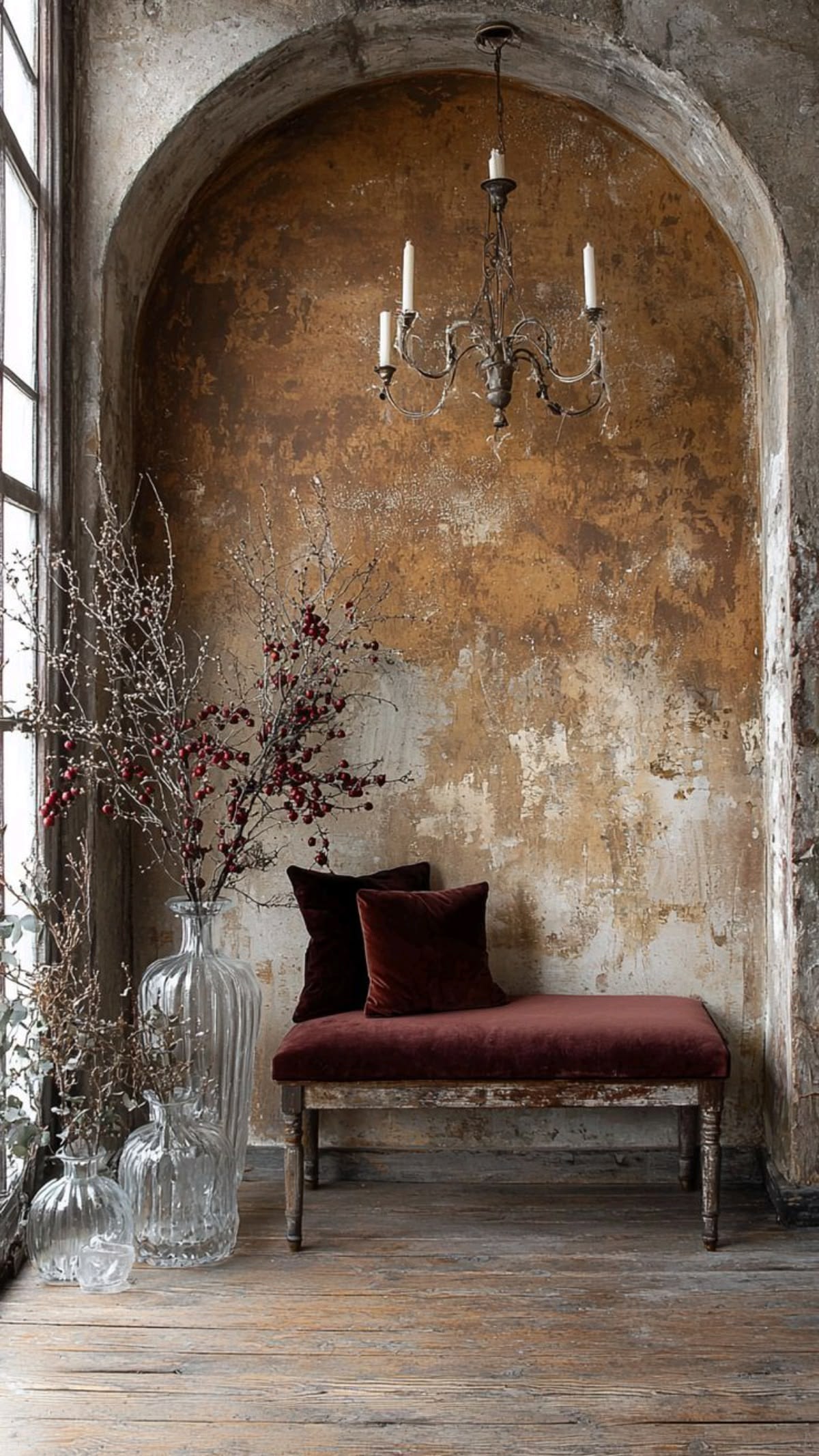 A tall arched alcove in raw plaster, lit from a window to one side