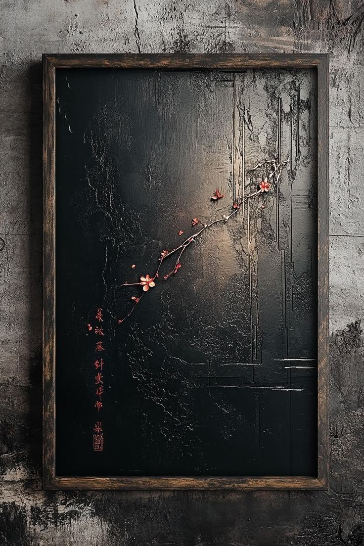 A dark framed panel hung on a weathered plaster wall
